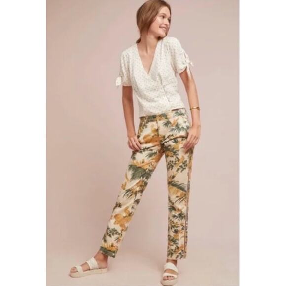 Anthropologie Chino Relaxed Pants Floral bird pattern cotton stretch zip button - Picture 11 of 11